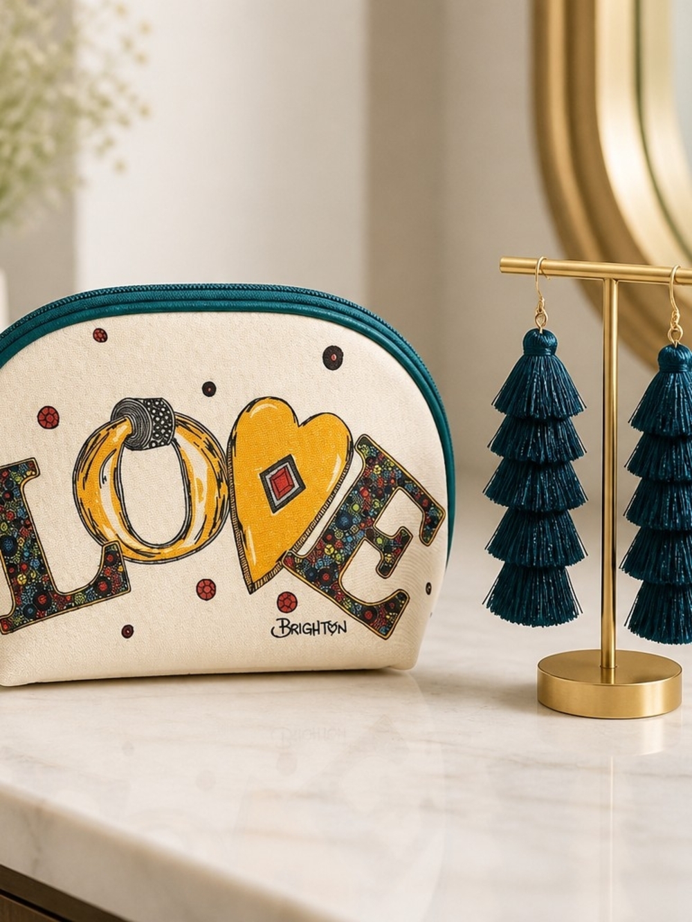 Brighton Charmed LOVE Cosmetic Makeup Bag & Adrienne Vittadini Earrings Teal